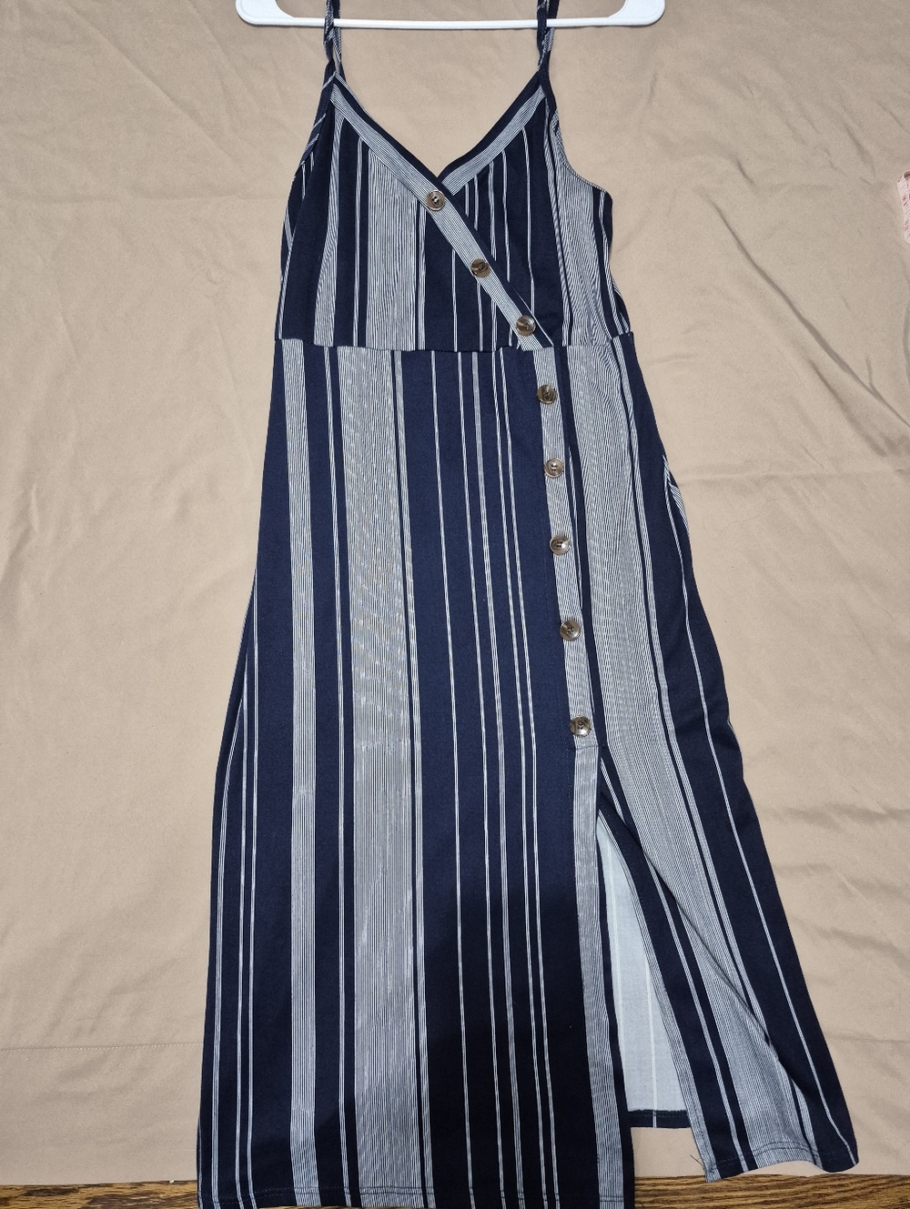 Gray And Navy Midi Dress Size Large Spaghetti Strap High Waist Side Slit - Picture 4 of 7